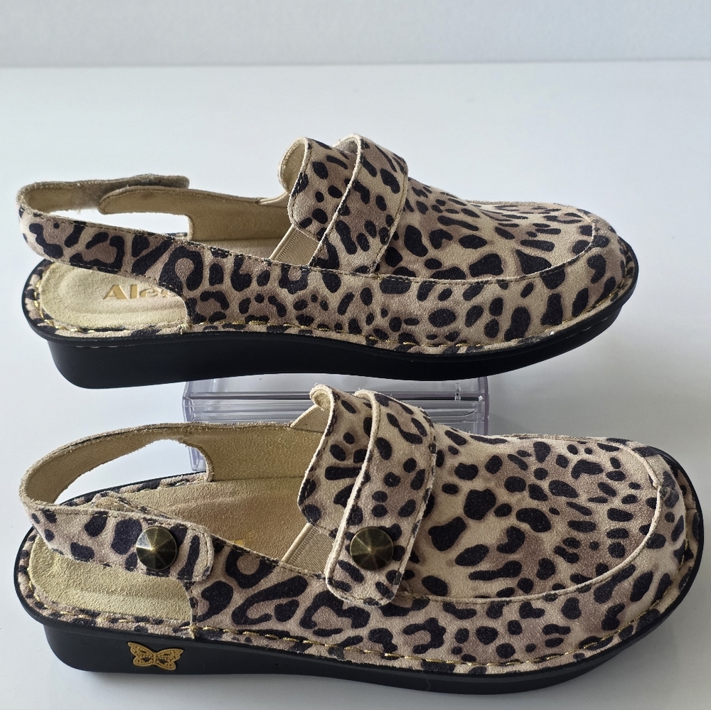 Alegria Paloma Leopard Print Leather Mary Jane Clogs Slingback Comfort EU 36